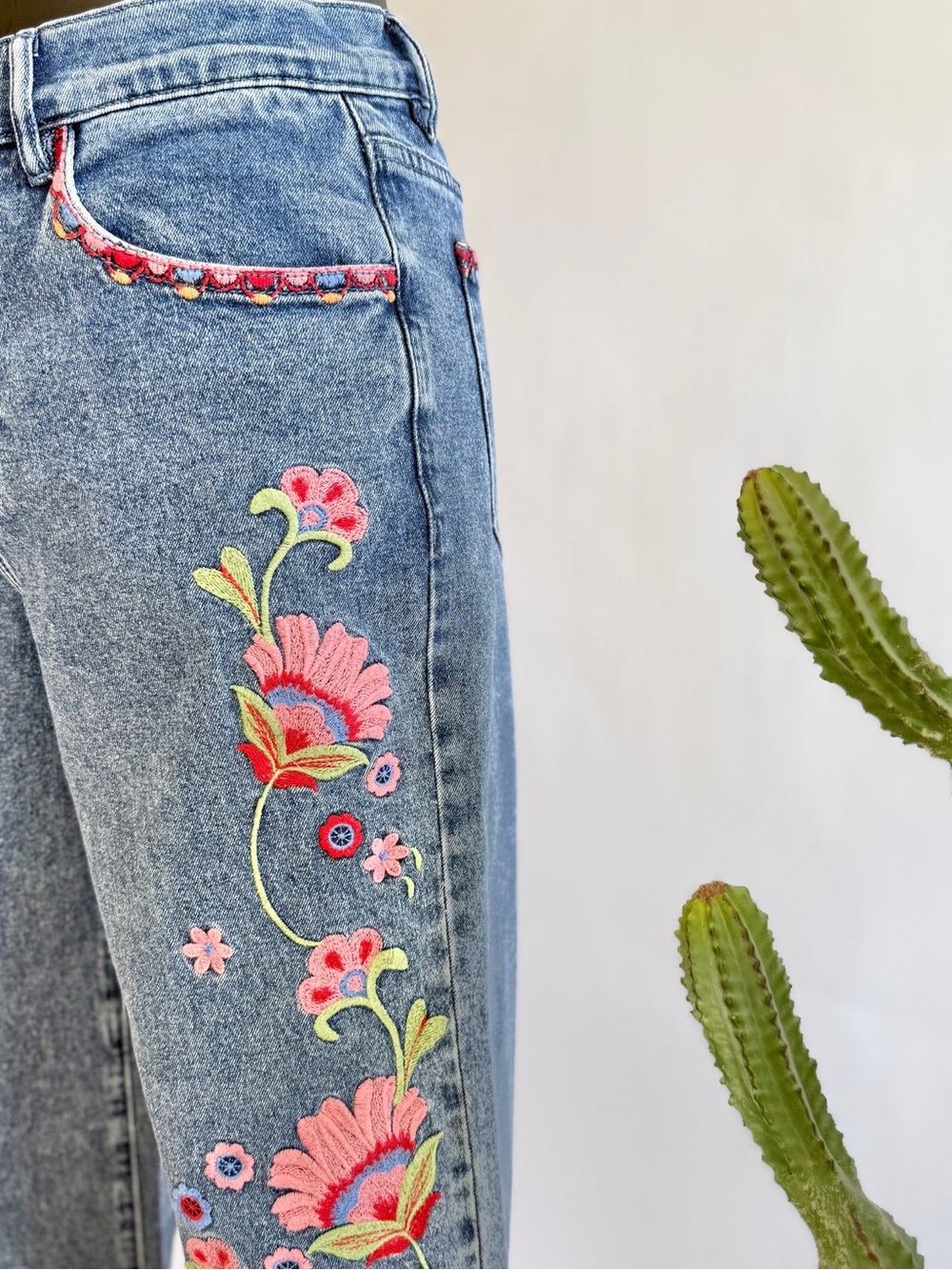 Embroidered Straight Leg Jeans in Blue with Pink Floral Detail